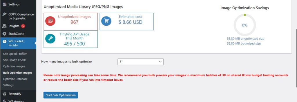 WptApps WP Optimizer (now WP Profiler) bulk optimized images